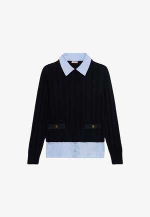 Schwarzer gerippter Strickpullover mit einem hellblauen Kragen und Saum, ausgestattet mit zwei vorderen Taschen, die mit goldenen Knöpfen verziert sind.