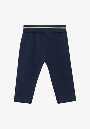 Granatowe spodnie dla malucha z elastycznym pasem, białym paskiem, dwoma przednimi kieszeniami i prostym krojem nogawek.
