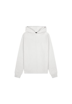 Effen witte hooded sweater met lange mouwen en geribde boorden, losse pasvorm, weergegeven op een witte achtergrond.
