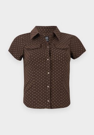 Brown short-sleeve button-up shirt with beige polka dots and two chest pockets with flaps.