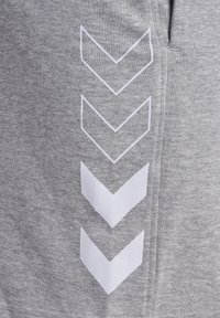 Graue Jogginghosen mit glatter Textur und weißen Zickzackmustern an der Seite, die ein minimalistisches und sportliches Design zeigen.