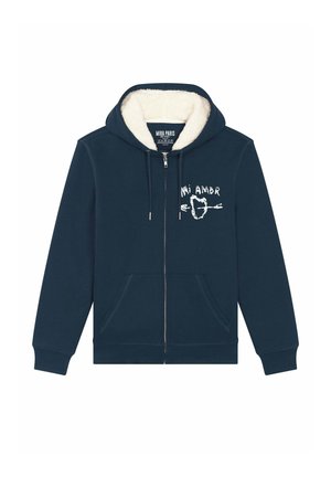 Marineblauwe rits-hoodie gemaakt van zachte stof met een fleece-gevoerde capuchon. Voorzien van een voorste kangoeroezak en een "Mi Amor" graphic op de borst.