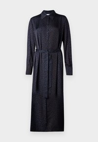 Rochie cu imprimeu leopard în nuanțe de albastru închis și negru, cu guler, mâneci lungi, închidere cu nasturi și o curea din același material în talie.