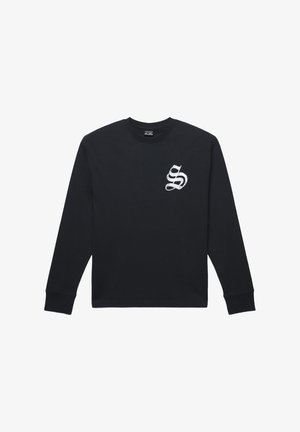 Czarny bawełniany sweatshirt z długim rękawem z białym graficznym logo na lewej piersi, okrągłym dekoltem i ściągaczami przy mankietach.