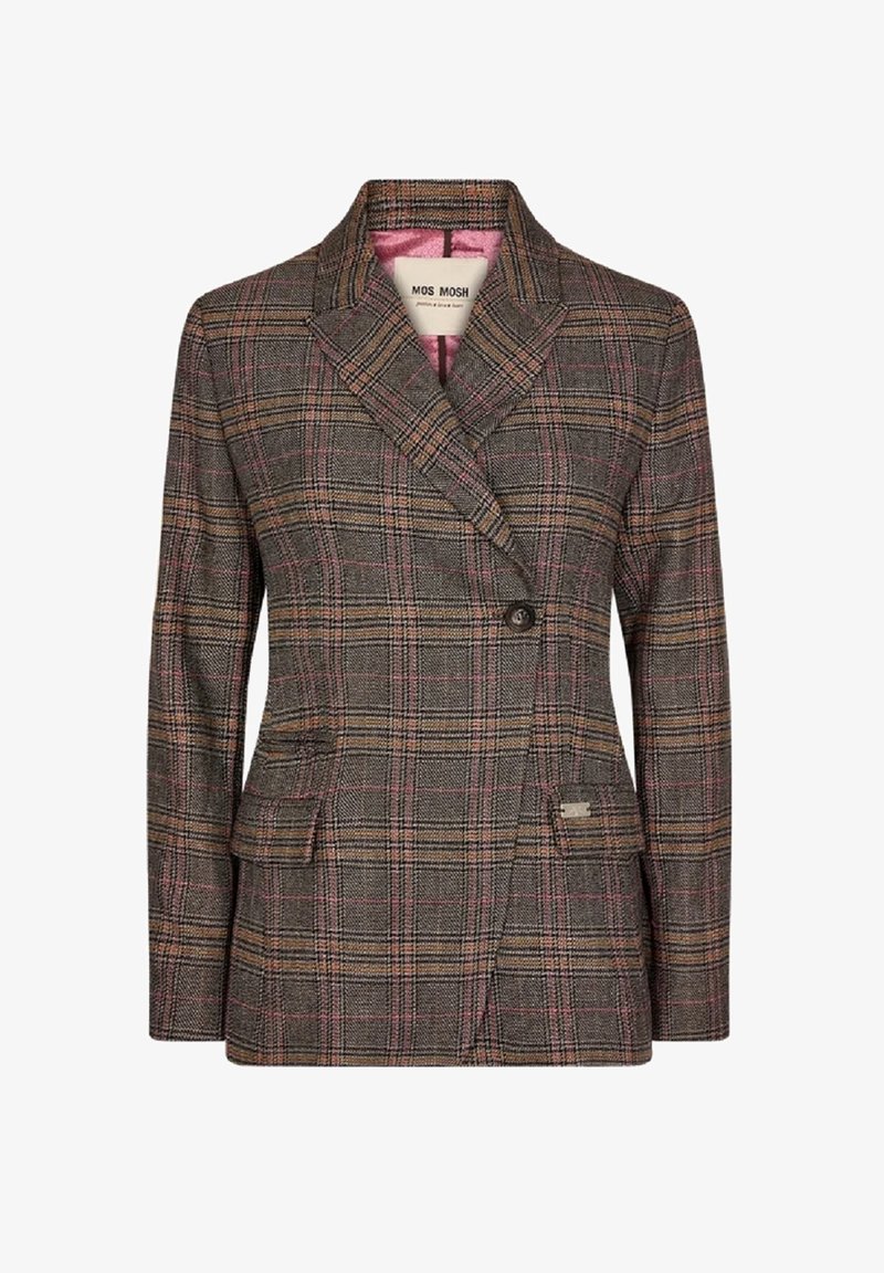 Blazer femme ajusté à un bouton, avec un motif à carreaux marron, rose et orange et des revers à cran, avec deux poches à rabat sur le devant.
