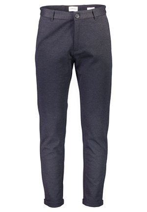 Dark gray tapered trousers made of soft fabric, featuring a standard button closure and cuffed hems. Smooth texture with no visible patterns.
