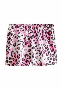 Shorts kuviolla leopard, jotka sisältävät yhdistelmän vaaleanpunaista, mustaa ja valkoista väriä; joustava vyötärö; kevyt kangas; rento istuvuus.