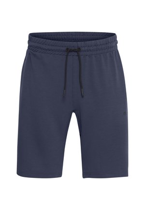 Pantalones cortos azul marino fabricados con tejido suave, que cuentan con una cintura elástica con cordón ajustable y un detalle de logo minimalista en el lateral.