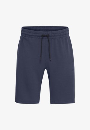 Pantalones cortos azul marino fabricados con tejido suave, que cuentan con una cintura elástica con cordón ajustable y un detalle de logo minimalista en el lateral.