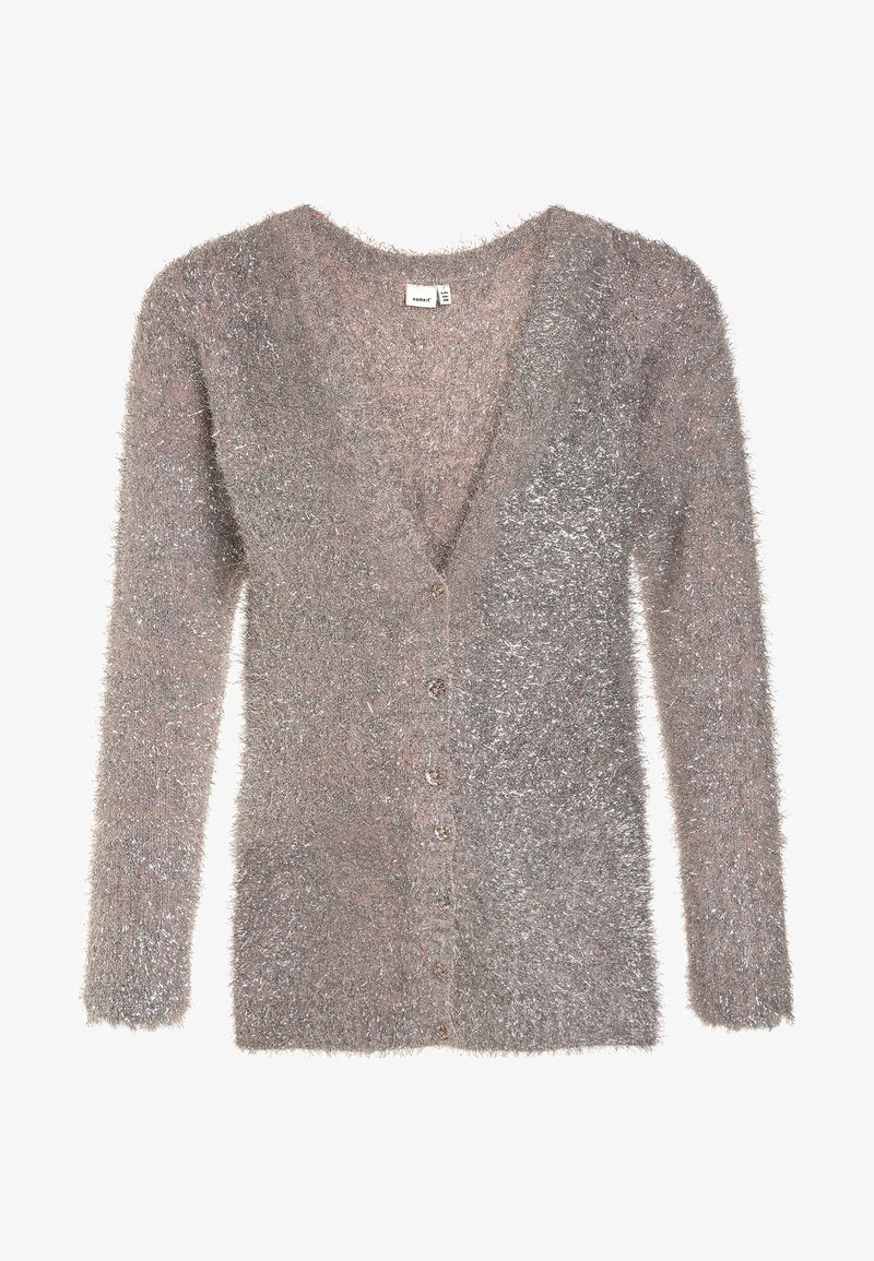 Cardigan de manga larga y peludo con escote en V y cierre frontal con botones en tonos mezclados de marrón claro y gris.