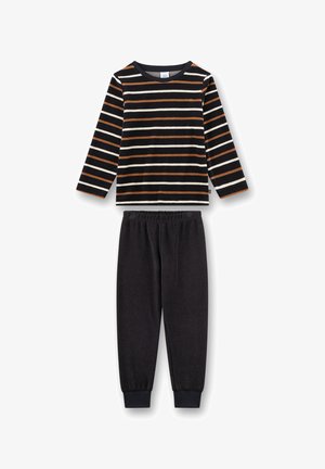 Striped long-sleeve shirt in black, white, and rust with a round neck, paired with black sweatpants featuring an elastic waistband and cuffs.