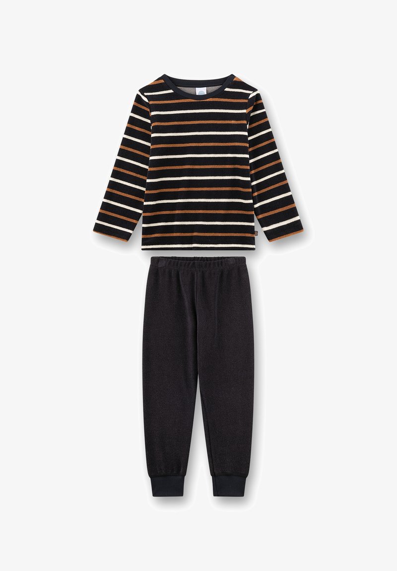 Striped long-sleeve shirt in black, white, and rust with a round neck, paired with black sweatpants featuring an elastic waistband and cuffs.