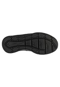 Suola in gomma nera per sneakers con modanature testurizzate e zona della punta rinforzata. Dettagli degni di nota includono il nome del marchio "SKECHERS" in rilievo.