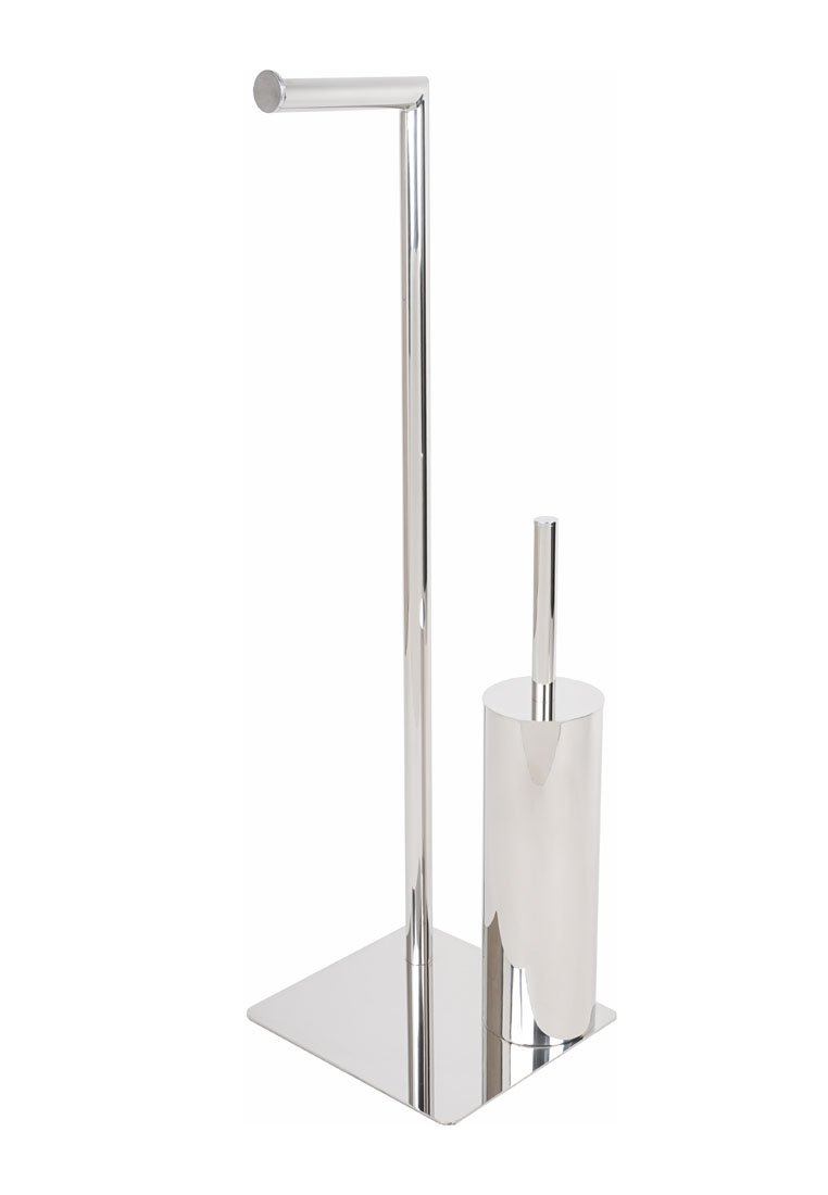 Porte-papier toilette chromé autoportrait avec un poteau vertical et une brosse de toilette assortie avec un support cylindrique sur une base carrée.