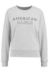Felpa grigia con polsini e orlo a coste, con la scritta "AMERICAN EAGLE" stampata in lettere bold grigio scuro sul davanti.