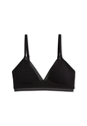 Black triangular bralette made of soft fabric, featuring thin adjustable straps and a decorative textured band along the bottom edge.