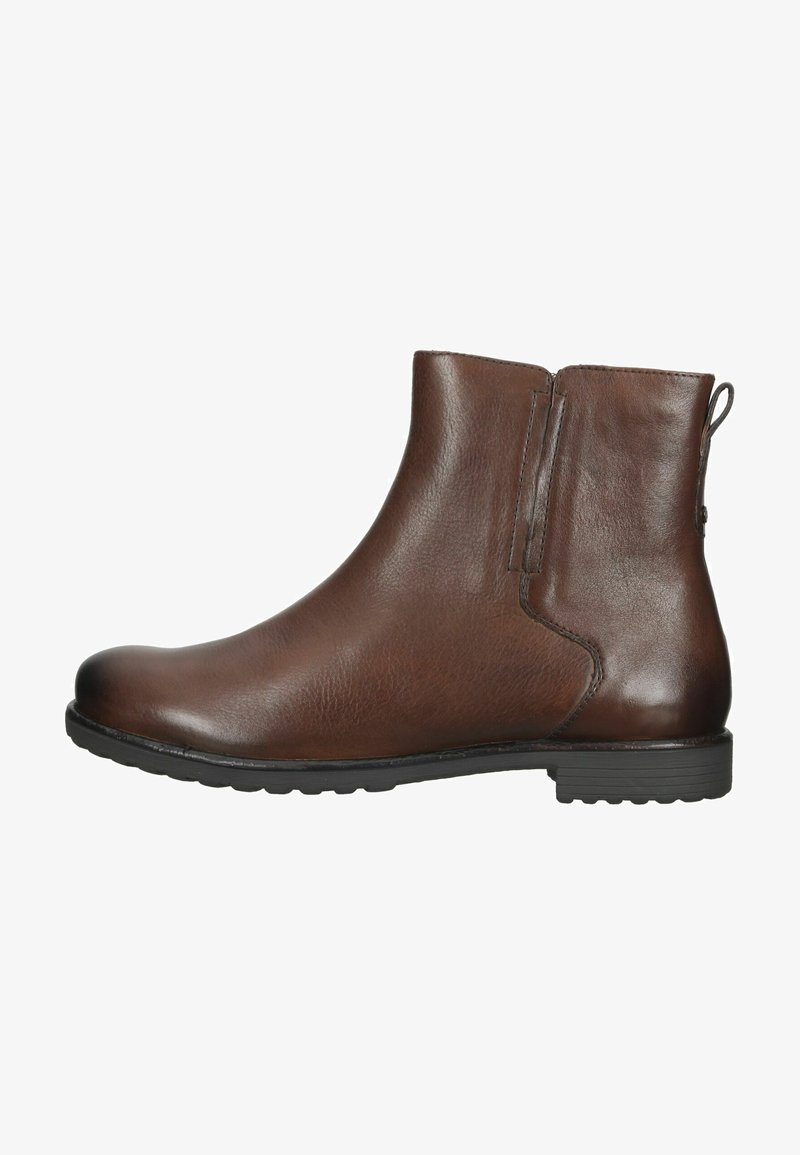 Stivale alla caviglia in pelle marrone con un design elegante, punta arrotondata, chiusura con zip laterale e finitura testurizzata sulla parte superiore. Suola in gomma.