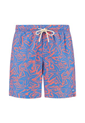 Mėlynos maudymosi šortai su ryškiai rožiniu lapų raštu, elastinga juosta ir raišteliu. Lengvi, tinkami vandens pramogoms.