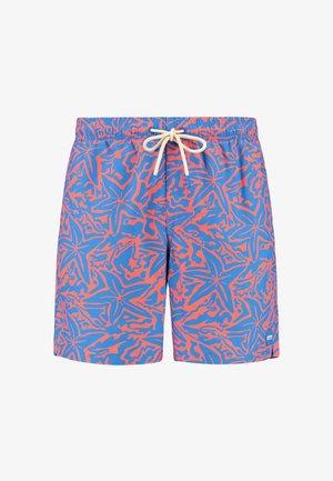 Siniset uimashortsit, joissa on kirkas vaaleanpunainen lehväsuunnittelu, joustava vyötärö ja nauhakiristys. Kevyt materiaali, sopii vesitoimintoihin.