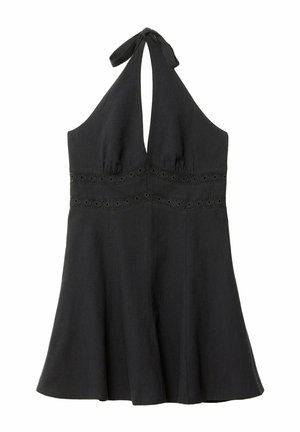 Abito nero senza maniche con corpino aderente, dettagli in pizzo in vita e gonna svasata. Realizzato in tessuto leggero per il massimo comfort.