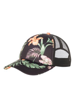 Casquette de baseball noire en mesh avec des fleurs tropicales orange et des feuilles vertes imprimées sur le devant et la visière.