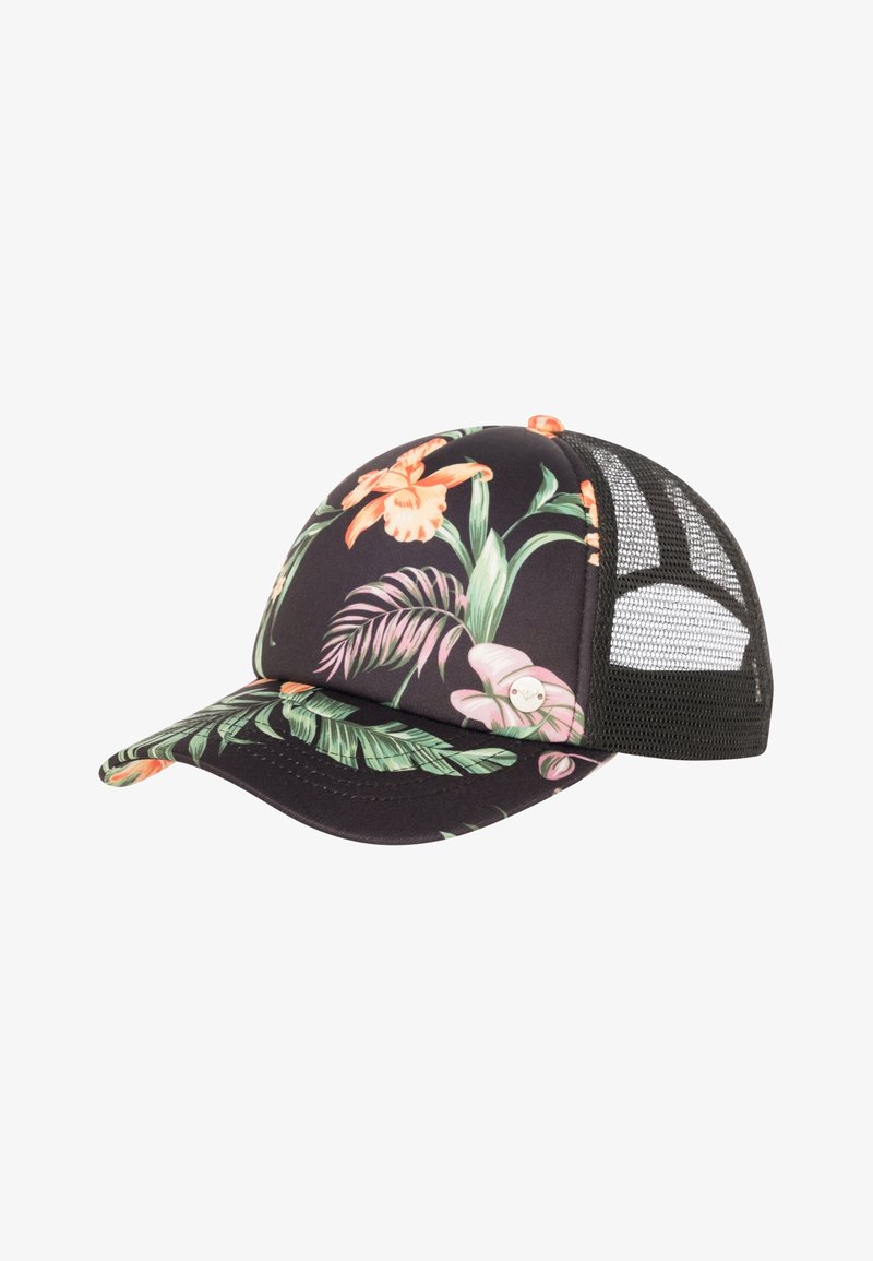 Casquette de baseball noire en mesh avec des fleurs tropicales orange et des feuilles vertes imprimées sur le devant et la visière.