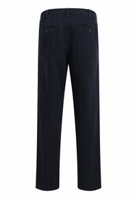 Navy blue trousers with a textured finish, elastic waistband, two back pockets, and brown button accents. Straight leg design with no visible pattern.