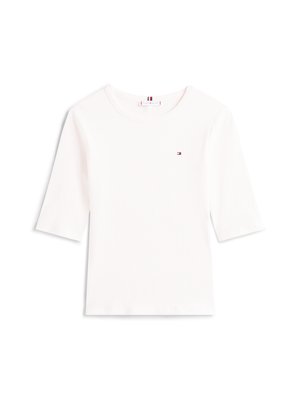 White ribbed short-sleeve t-shirt with a round neckline and a small red, white, and blue logo on the left chest. Smooth texture.