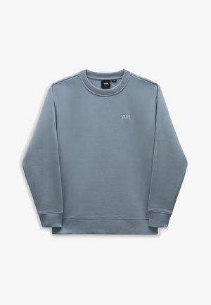 Lichtblauwe sweatshirt met lange mouwen, geribbelde ronde hals en een klein wit Vans-logo op de borst. Gemaakt van een zachte textielstof.