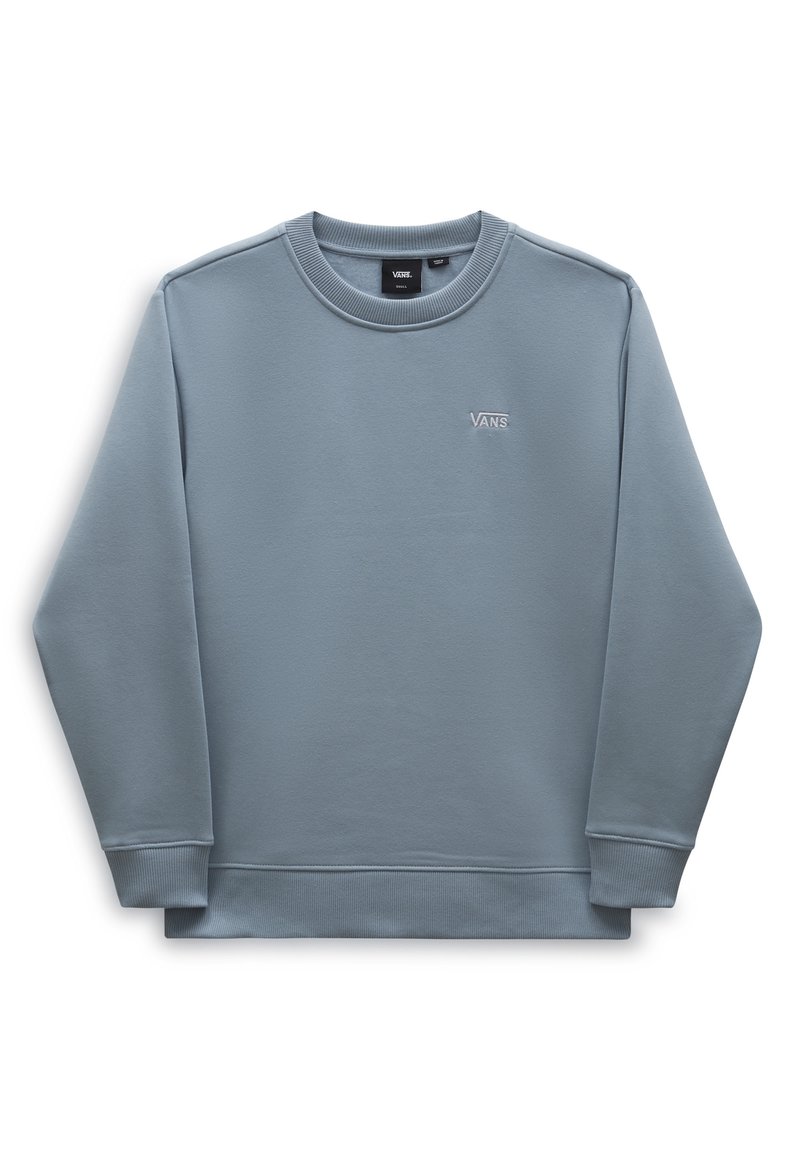 Sudadera de color azul claro con mangas largas, cuello redondo de canalé y un pequeño logo blanco de Vans en el pecho. Fabricada con un material textil suave.