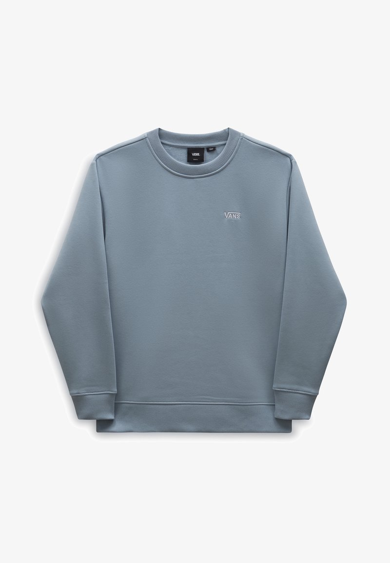 Sudadera de color azul claro con mangas largas, cuello redondo de canalé y un pequeño logo blanco de Vans en el pecho. Fabricada con un material textil suave.