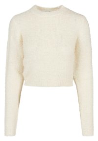 Cremfarbener, kurz geschnittener Pullover mit langen Ärmeln, aus weichem, strukturiertem Material mit einem gerippten Ausschnitt. Keine Muster oder zusätzlichen Details.