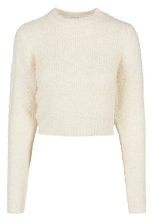 Kreemjas toonis lühike kampsun pikkade varrukatega, valminud pehmest tekstuuriga materjalist, millel on soonikuline kaelus. Ilma mustrite ja lisadeta.