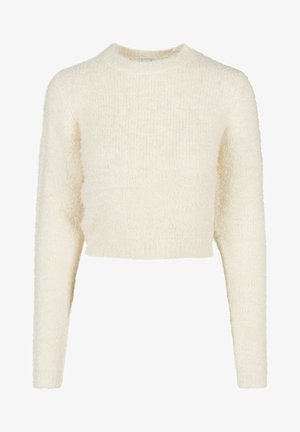 Kreemjas toonis lühike kampsun pikkade varrukatega, valminud pehmest tekstuuriga materjalist, millel on soonikuline kaelus. Ilma mustrite ja lisadeta.