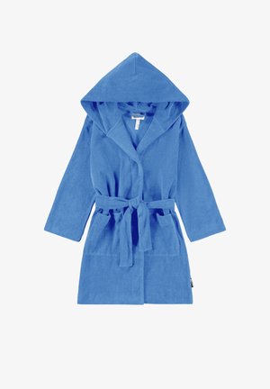 Blauwe badjas met capuchon, gemaakt van zacht badstof. Heeft lange mouwen, een riem en twee voorzakken. Glad textuur met een effen kleurafwerking.