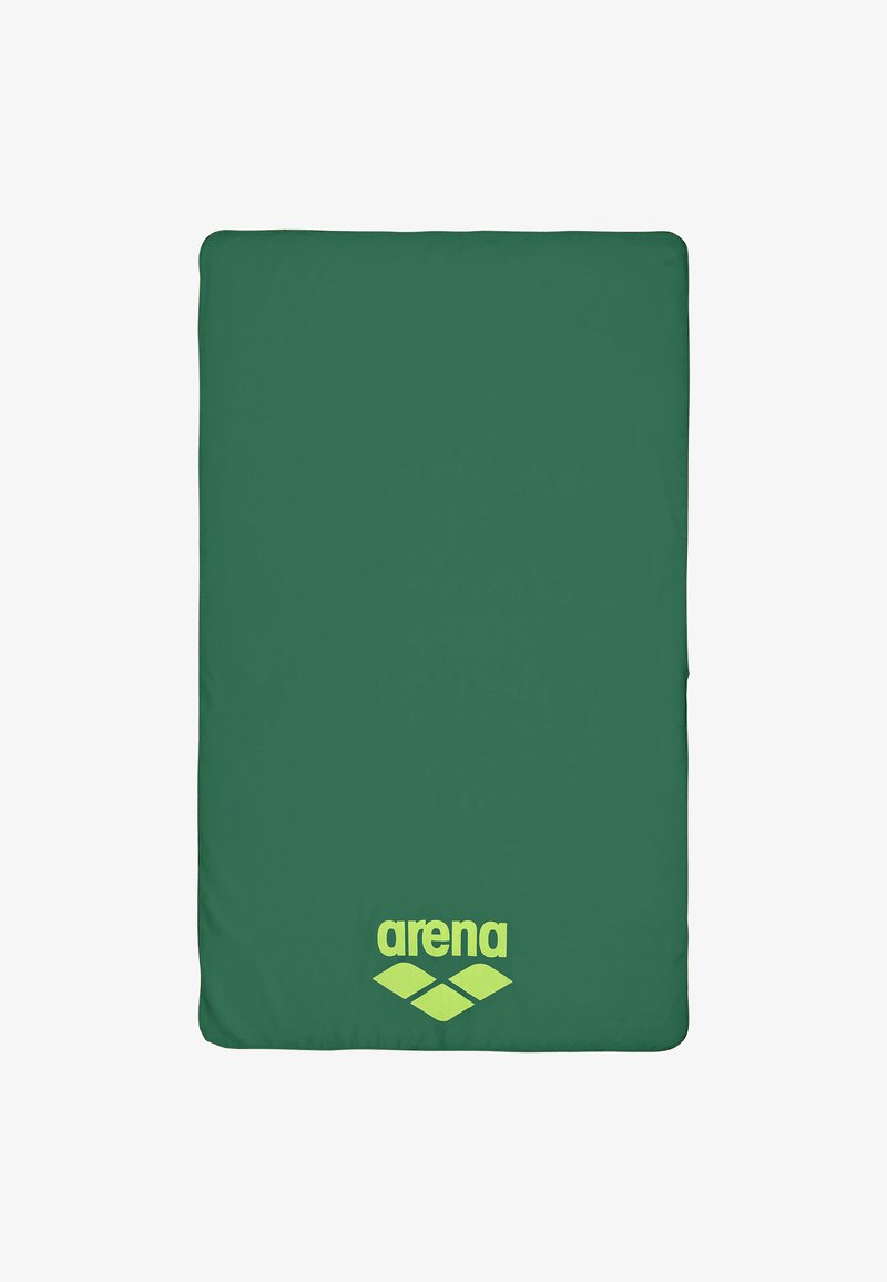 Serviette rectangulaire verte avec des coins arrondis et un logo "arena" jaune ainsi que des diamants au centre inférieur.