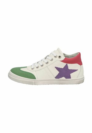 White high-top sneaker with green toe, red heel, purple star on side, and white laces, shown in side profile.