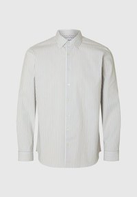 Gestreept overhemd met lange mouwen en een button-down kraag. Gemaakt van lichtgewicht stof, met verticale lichtblauwe en witte strepen, standaard manchetten.
