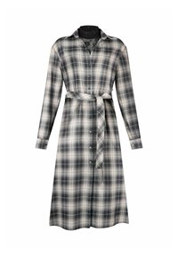 Langærmet knapforside kjole i sort, hvid og grå tern med matchende bælte og spids krave.