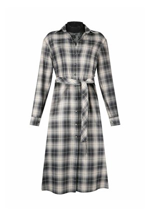 Pogaļu priekšpuses garroku pleda kleita melnā, baltā un pelēkā krāsā ar saskaņotu jostu un asu apkakli.