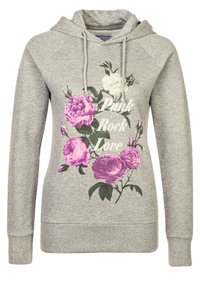 Felpa grigia con grafica floreale che presenta rose viola e il testo "Punk Rock Love". Il materiale sembra morbido con un design accogliente.