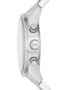 Silver-tone watch with a round case, textured bezel, and two push buttons. Smooth metal band extends from the case, featuring an MK logo.