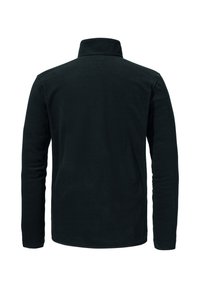 Schwarze Fleecejacke mit hohem Kragen und langen Ärmeln. Glatte Textur, einfaches Design, keine sichtbaren Muster oder Hardwaredetails.
