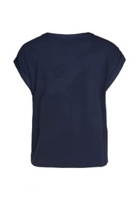 Námořnická modrá krátkozá sleeve tričko vyrobené z měkké tkaniny, s uvolněným střihem a kulatým výstřihem se šitým lemem a bočními rozparky.