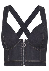 Bustier en denim foncé avec des bretelles croisées dans le dos, doté d'une fermeture éclair à l'avant et de coutures jaunes contrastantes. Texture lisse, forme structurée.
