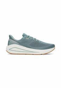 Scarpa sportiva leggera color teal con tomaia in rete, intersuola bianca ammortizzata e suola in gomma naturale; presenta lacci piatti e dettagli del logo.