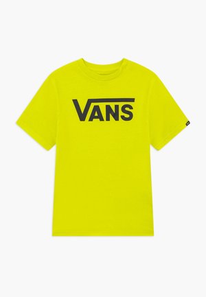T-shirt à manches courtes jaune vif avec logo Vans noir centré sur la poitrine sur un fond blanc.