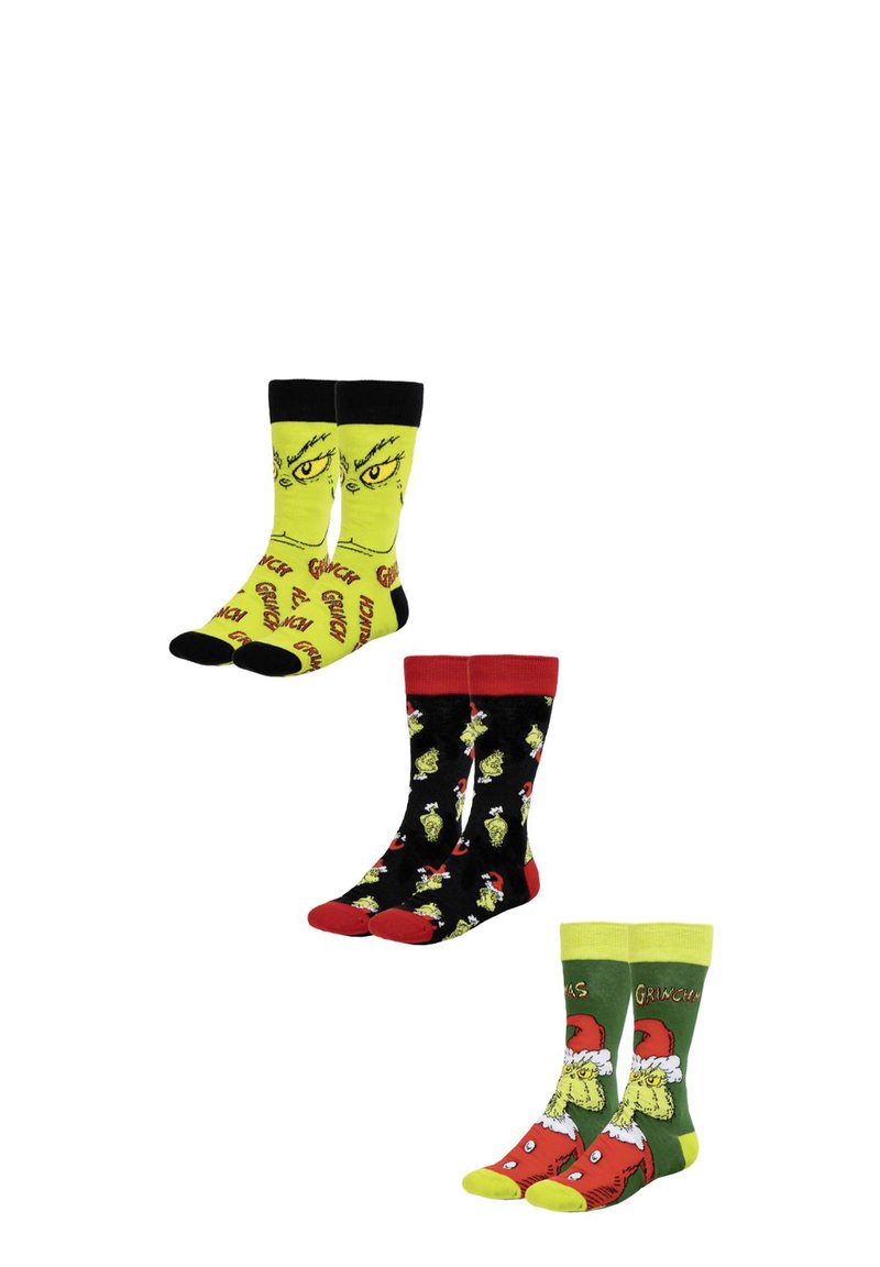 Tre paia di calze: gialle con faccia del Grinch, nere con motivi colorati del Grinch e verdi con design festivo del Grinch. Misura in cotone misto, altezza fino al polpaccio.