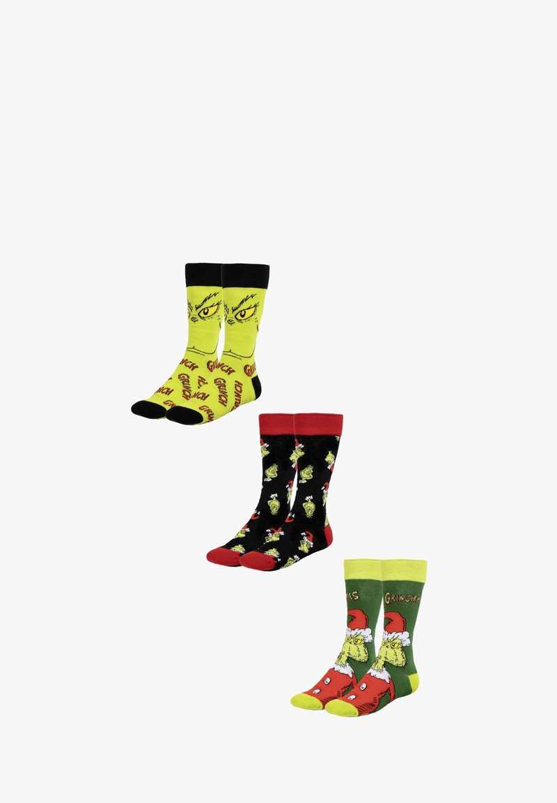 Tre paia di calze: gialle con faccia del Grinch, nere con motivi colorati del Grinch e verdi con design festivo del Grinch. Misura in cotone misto, altezza fino al polpaccio.