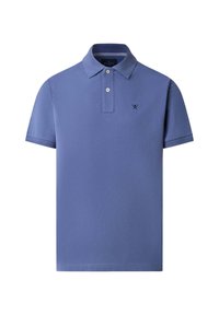 Korte mouwen polo shirt in lichtblauw katoen. Heeft een klassieke kraag, een knoopsluiting met twee knopen en subtiele logo borduring op de borst.